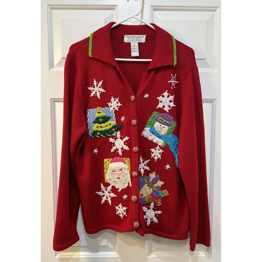 Tiara International Christmas Sweater Women L Santa Snowman Reindeer Tree Ugly